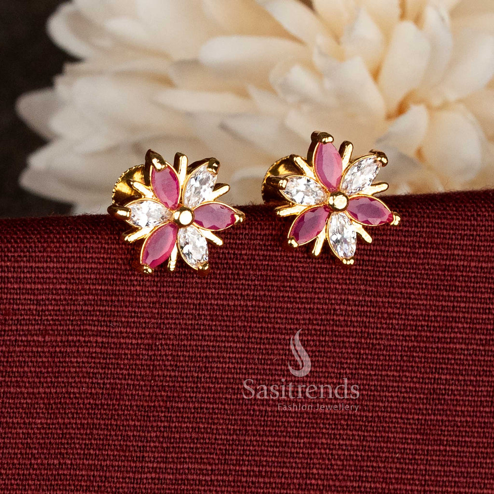 Radiant micro gold plated AD white-ruby marquise pinwheel floral stud earrings featuring dual tone elegance perfect for classical ceremonial and festive attire – Sasitrends