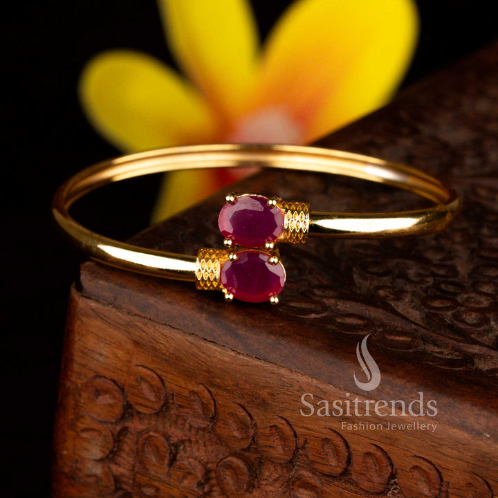 Luxurious micro gold plated American diamond studded oval open bracelet jewellery for engagement, festive and party wear in ruby colour – Sasitrends