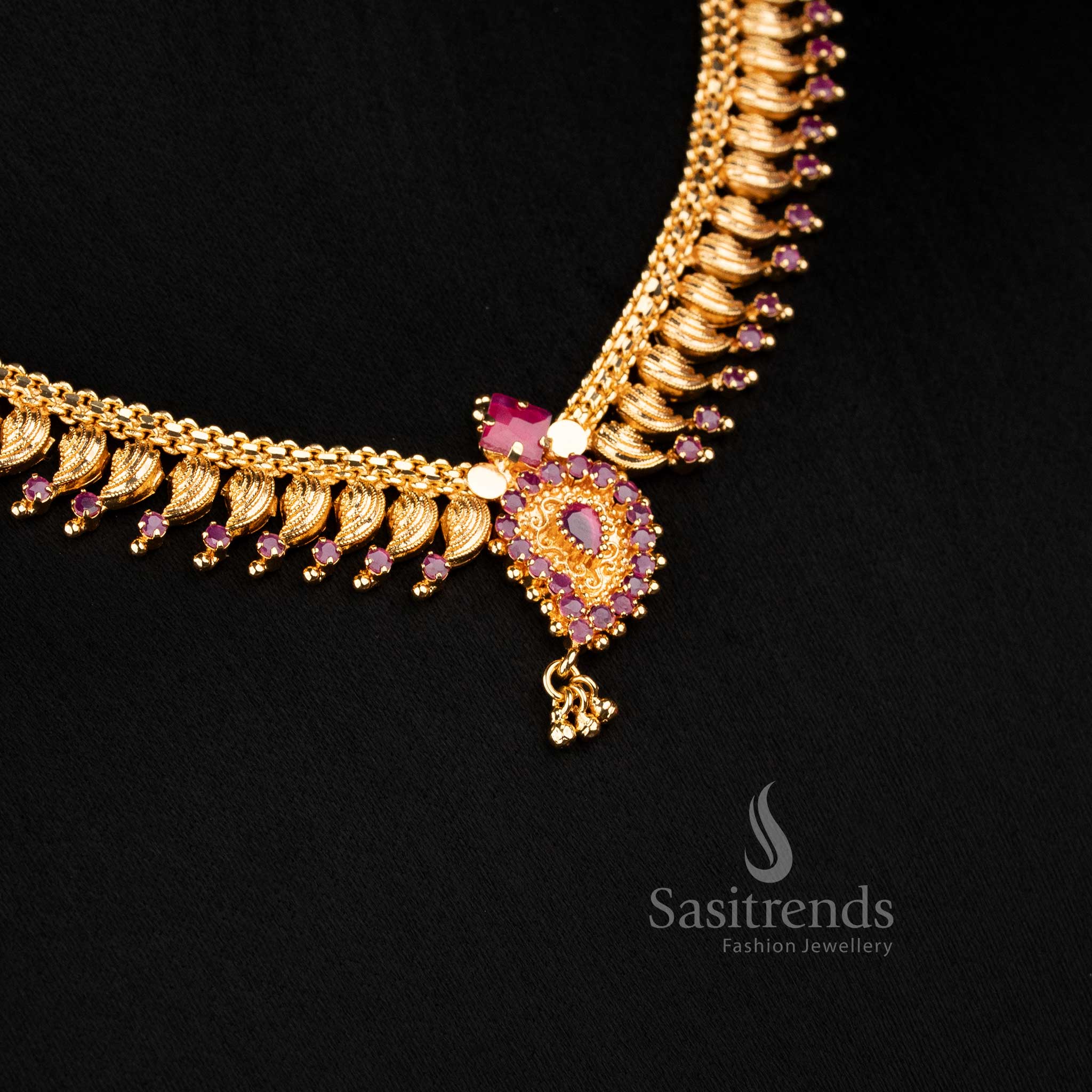 Graceful micro gold plated ruby leaf fringe necklace with AD stone embellishments, perfect for festival occasions – Sasitrends