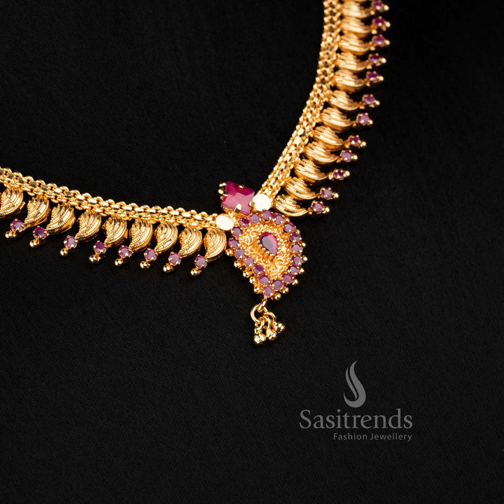 Graceful micro gold plated ruby leaf fringe necklace with AD stone embellishments, perfect for festival occasions – Sasitrends