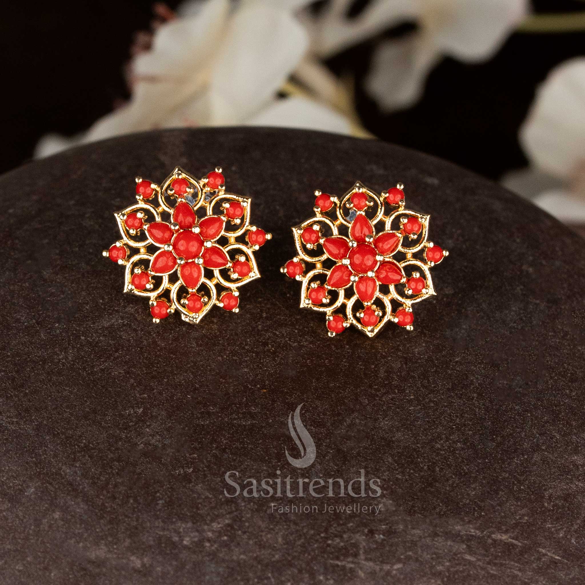 Alluring micro gold plated pavalam floral teardrop stone stud earrings radiating festive beauty and artistic golden charm - Sasitrends