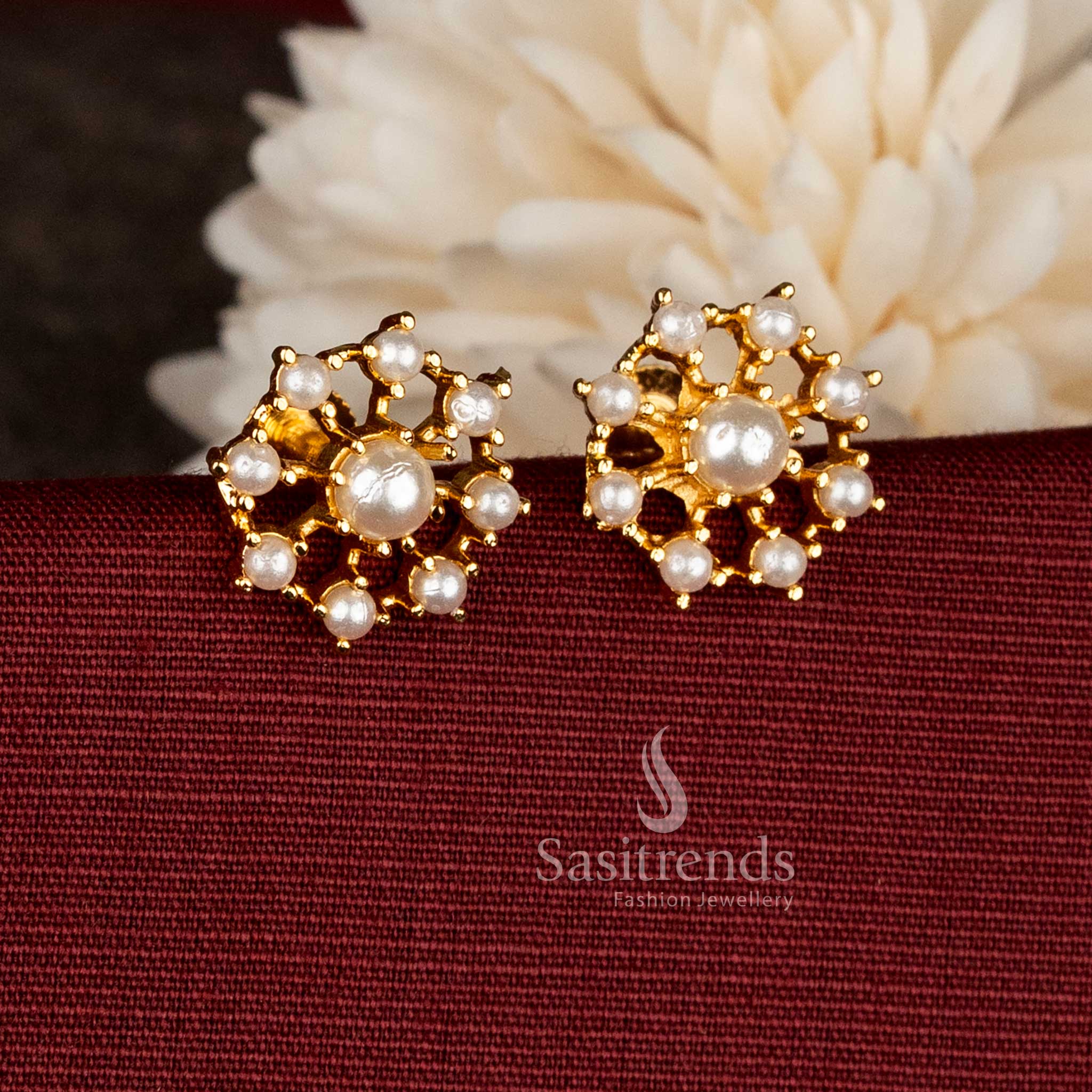 Stylish micro gold plated AD pearl floral stud earrings with soft glow and refined design, perfect for contemporary South Indian outfit styling – Sasitrends