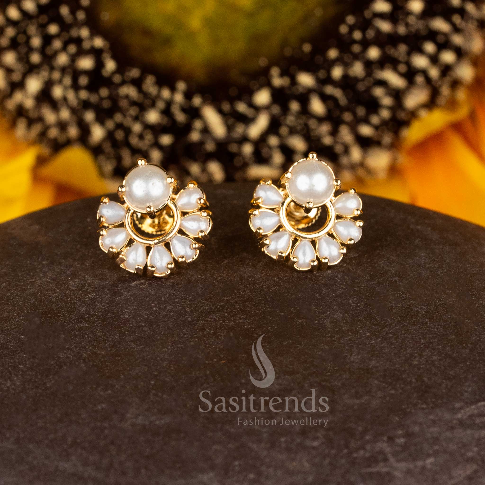 Radiant micro gold plated pearl circular stone stud earrings designed to highlight elegant festive glow - Sasitrends