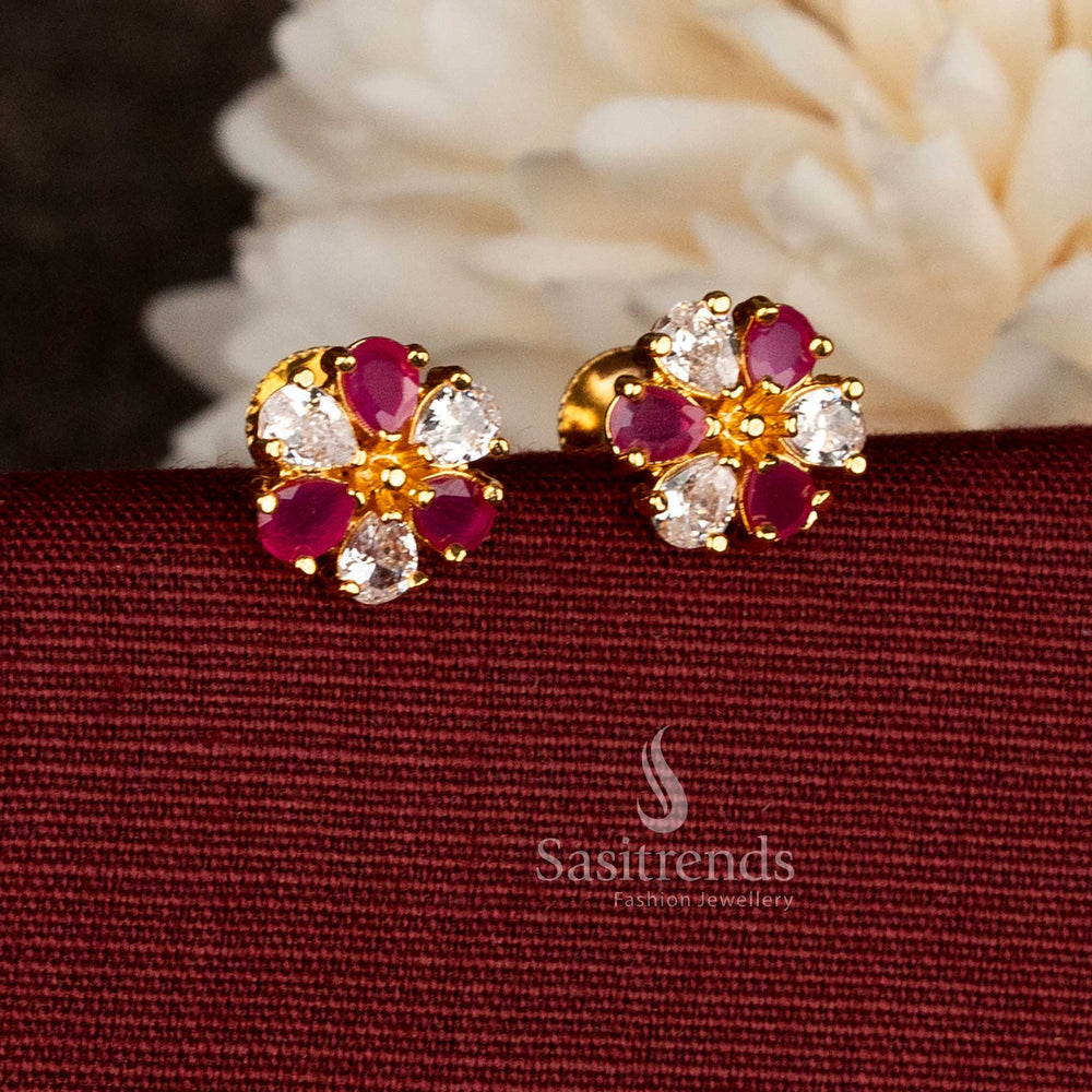Elegant micro gold plated white ruby AD teardrop floral screw studs delivering classic styling, modern elegance and bright accent details for everyday outfits – Sasitrends