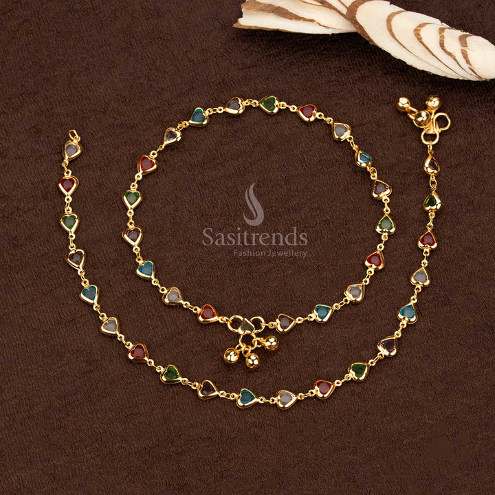 Gorgeous One Gram Gold Plated Multicolour Heart Charm Payal Anklet Set – Looks Like Real Gold - Sasitrends