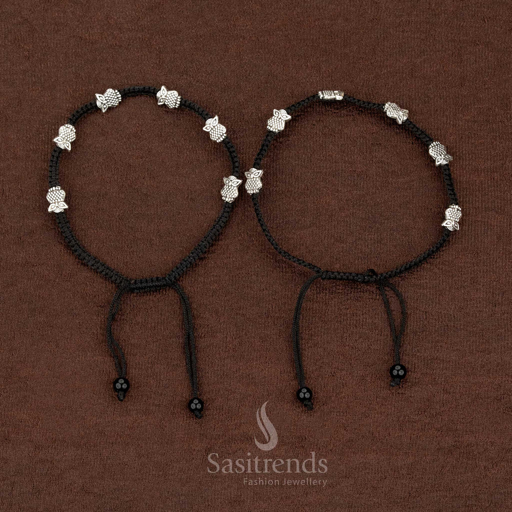 Stylish black thread anklet featuring owl figurine charm, adjustable strands suitable for daily casual, office, and street style outfits – Sasitrends