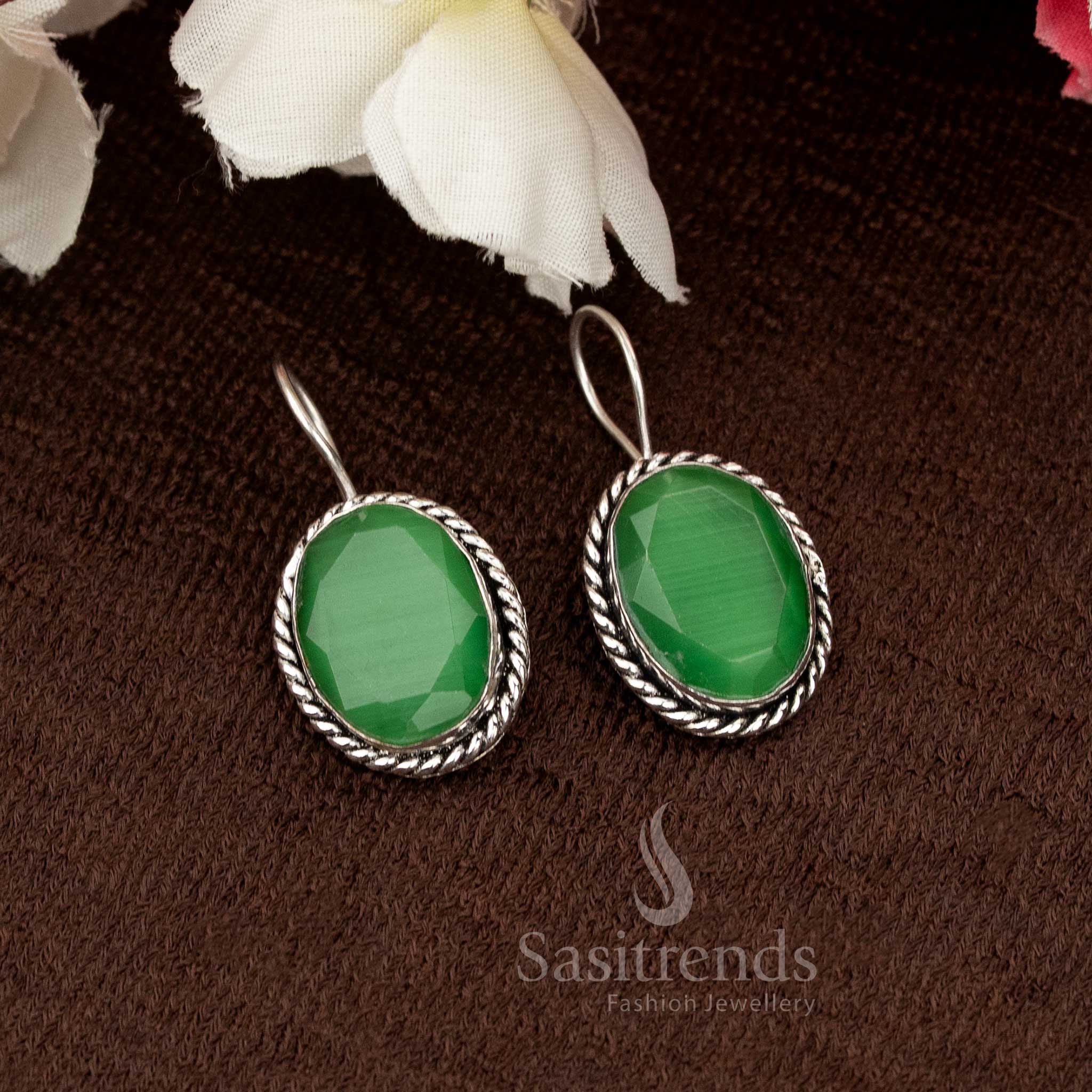 Trendy Oxidised Light Green Fish Hook Oval Stone Earrings with artisan silver touch, designed to bring a refreshing daily style for confident women — Sasitrends unique jewellery