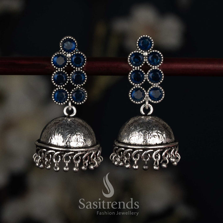 Serene oxidised round stone jhumka earrings blue colour for traditional day wear Sasitrends