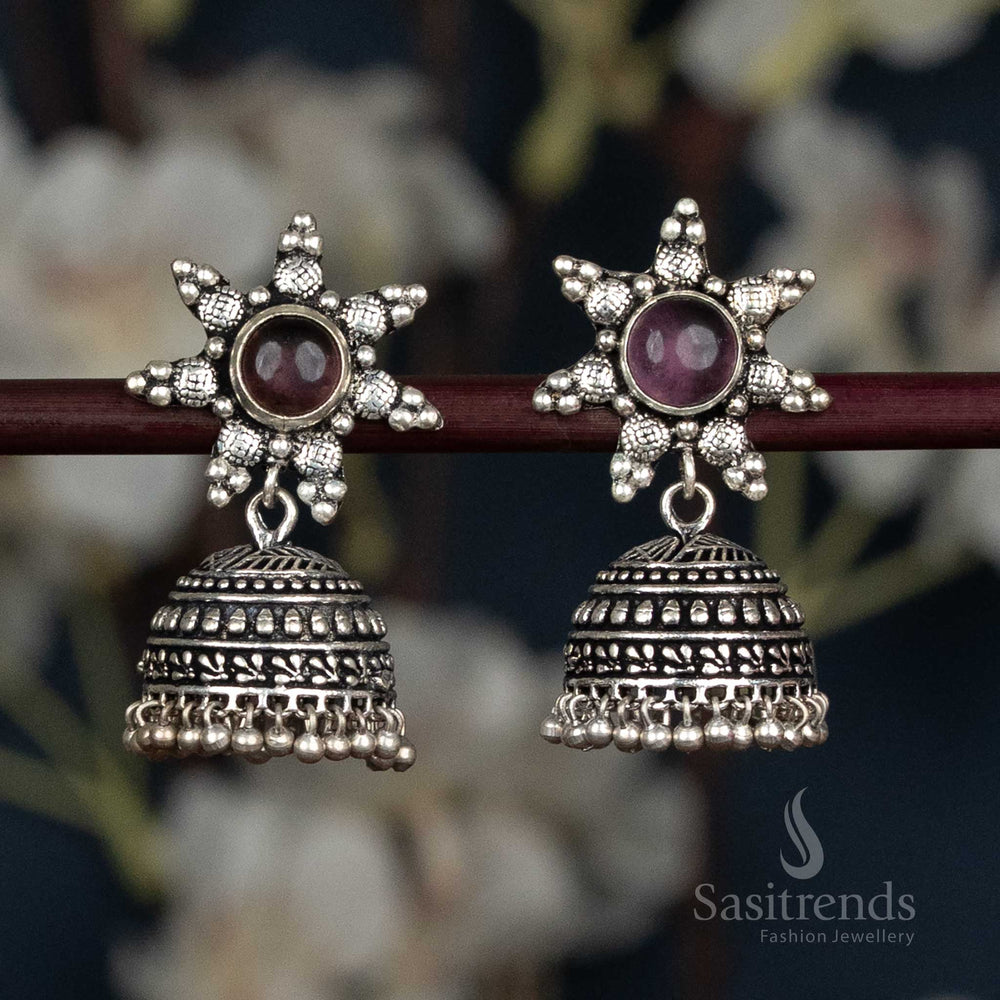 Oxidised Star Stud Jhumka Earrings Featuring An Intricately Engraved Dome And Delicate Ball Fringe, Accented With White Stone Detailing For Timeless Traditional Elegance – Sasitrends