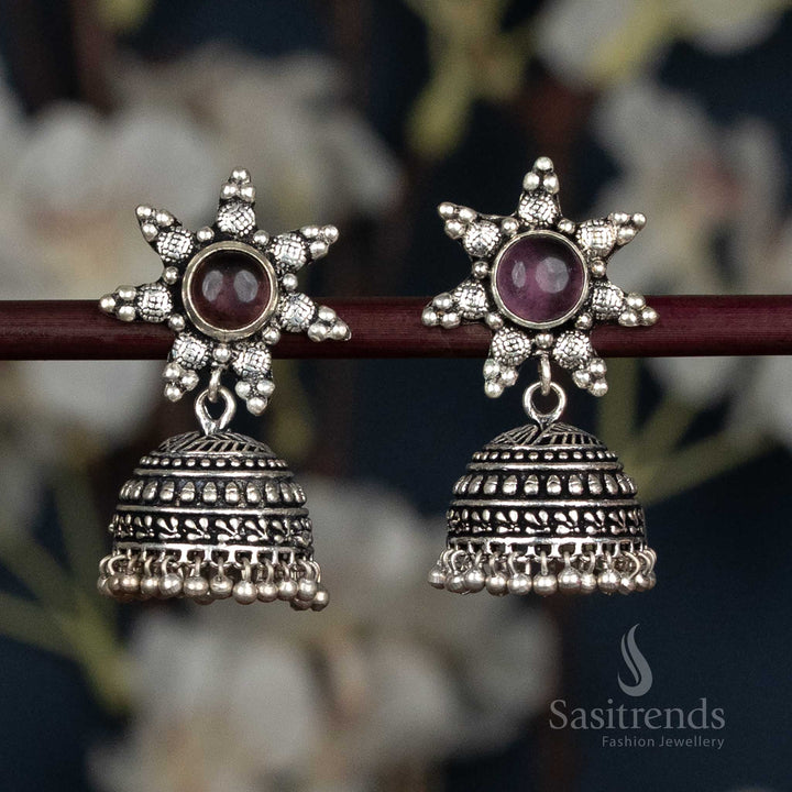 Oxidised Star Stud Jhumka Earrings Featuring An Intricately Engraved Dome And Delicate Ball Fringe, Accented With White Stone Detailing For Timeless Traditional Elegance – Sasitrends