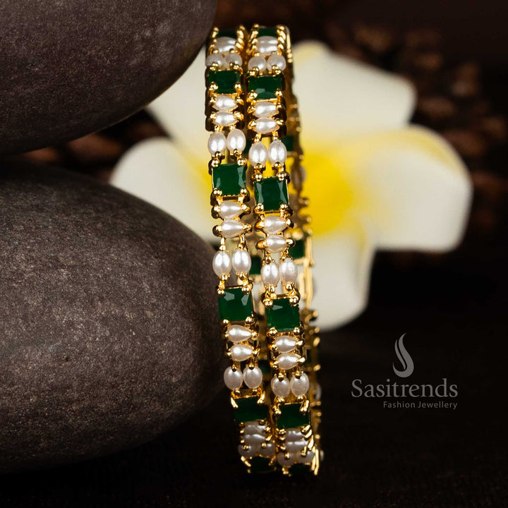 Charming pearl and green accented 24K micro gold plated multi-row bangles for gorgeous festive saree styling with guaranteed shine jewellery – Sasitrends