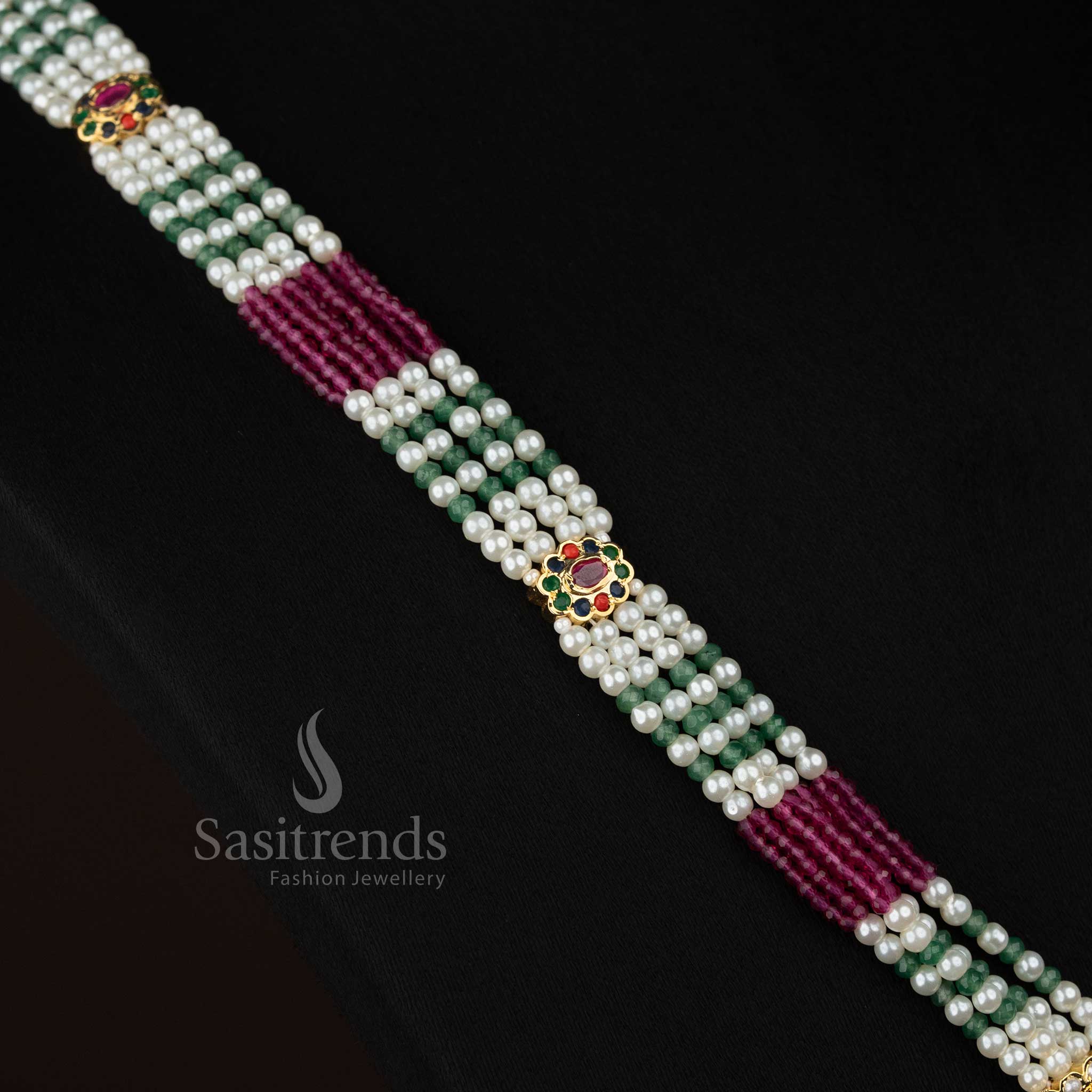 Sophisticated pearl navarathna American Diamond arch hexagonal pearl earrings suited for modern cultural styling - Sasitrends