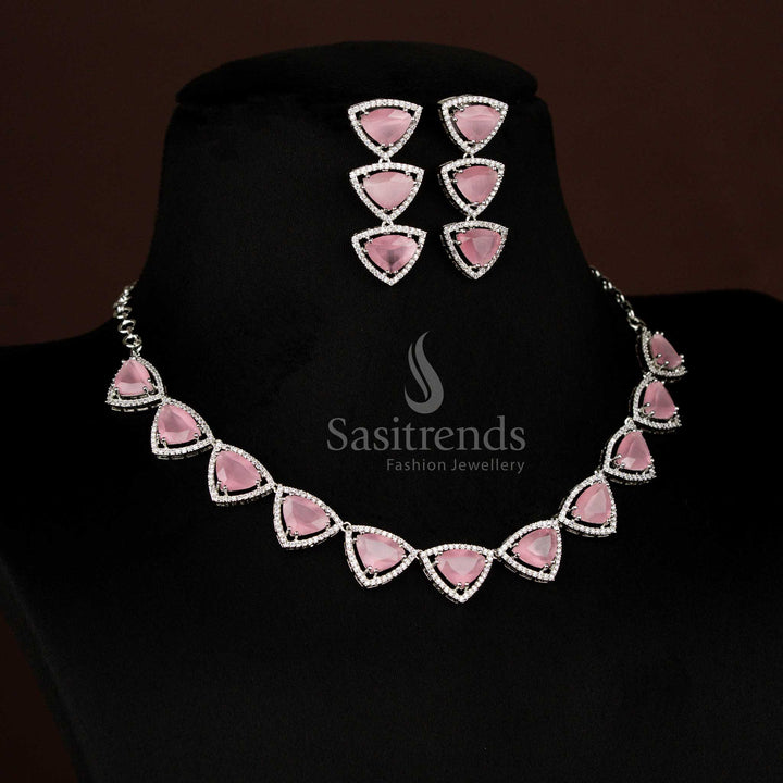 Radiant pink rhodium silver triangular necklace adorned with sparkling American Diamonds for luxury festive occasions – Sasitrends