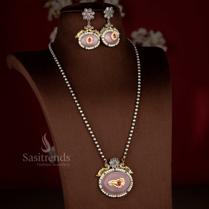 Graceful pink antique oxidised 92.5 silver plated oval peacock pendant necklace set – Sasitrends