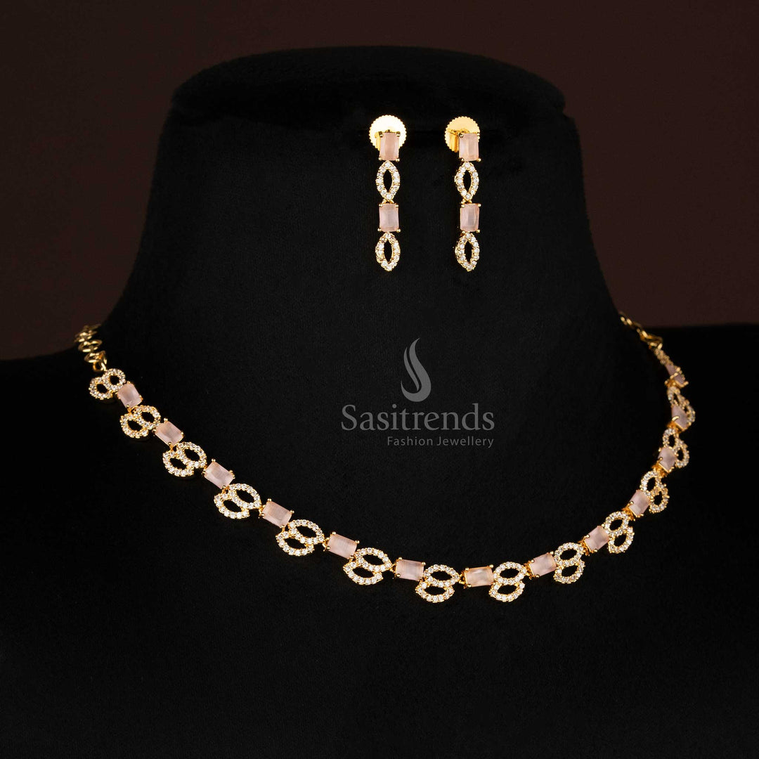 Elegant rose pink toned American diamond set with square and oval link necklace in micro gold finish, perfect for festivals and family functions – Sasitrends