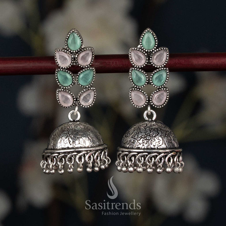 Charming pink mint oxidised petal cluster stud jhumka earrings textured dome ideal for festive occasions - Sasitrends