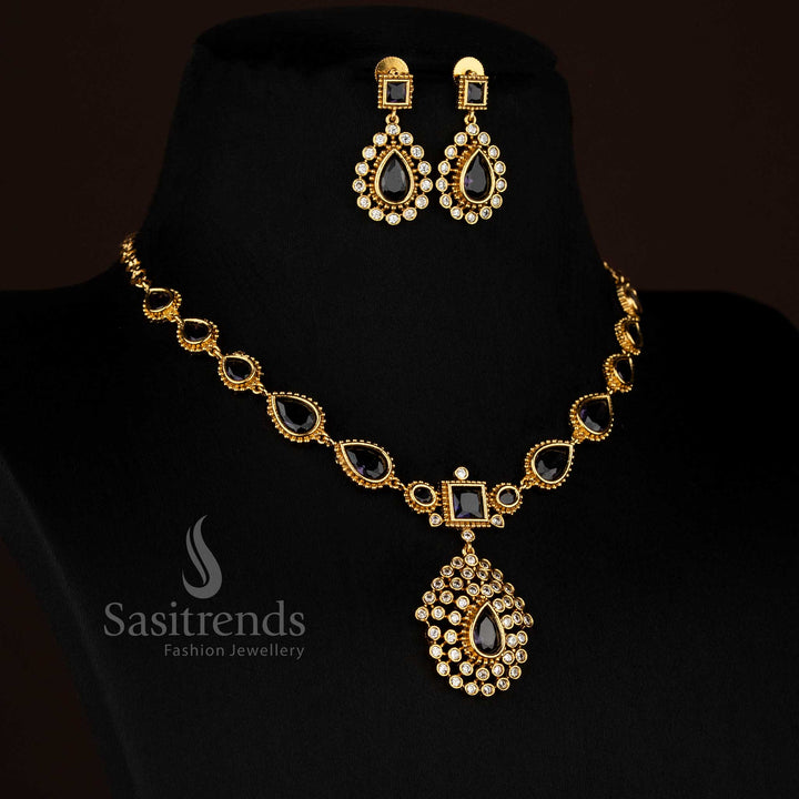 Attractive purple American Diamond matte gold plated teardrop stone short necklace for festive occasions - Sasitrends