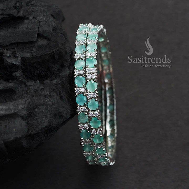 Elegant Party Wear Rhodium Silver Bangles With Mint Green American Diamond Stones And Sparkling Finish Jewellery - Sasitrends