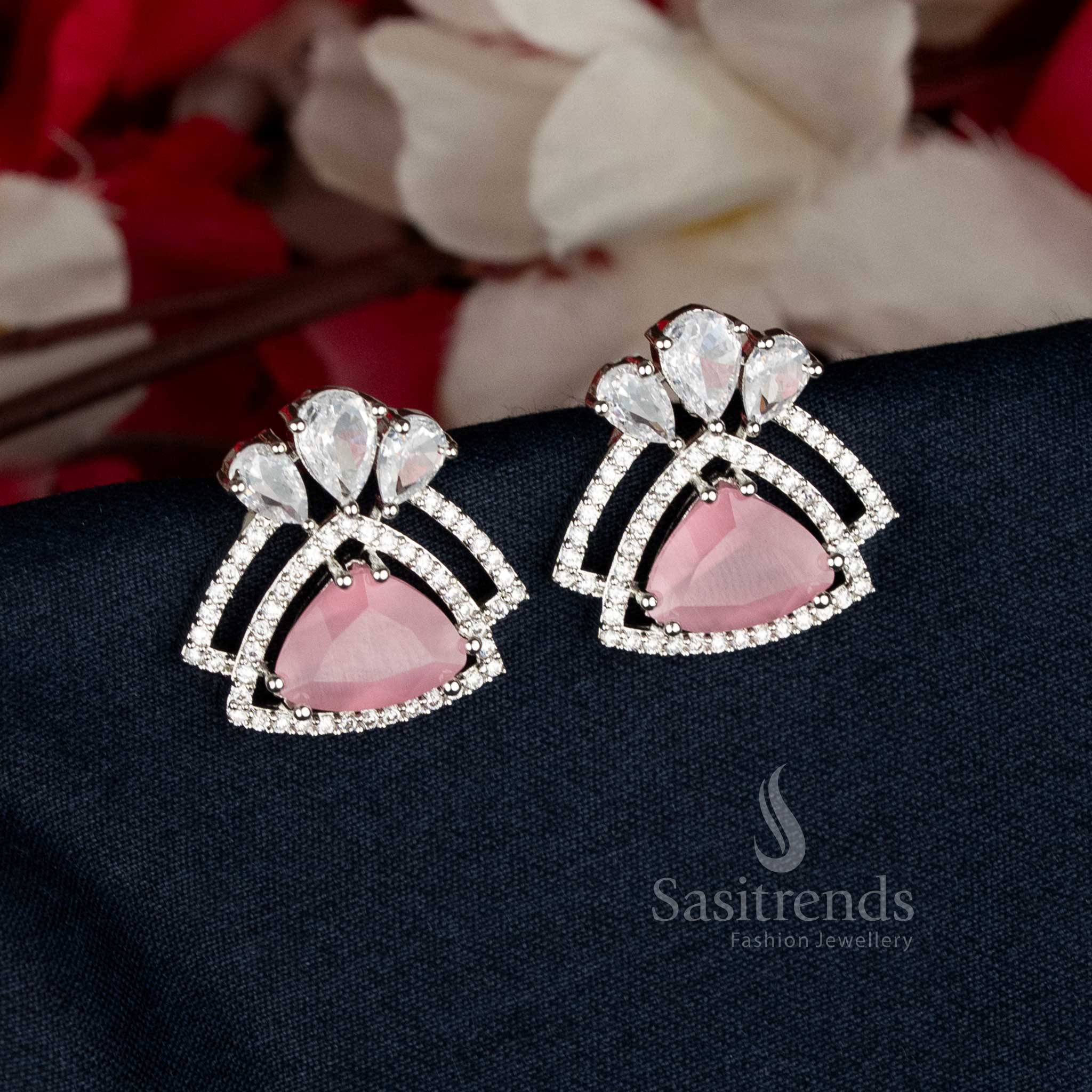 Stylish Pink Rhodium Silver Triangular AD Stud Earrings with polished lustre, perfect for evening celebrations and elegant attire — Sasitrends