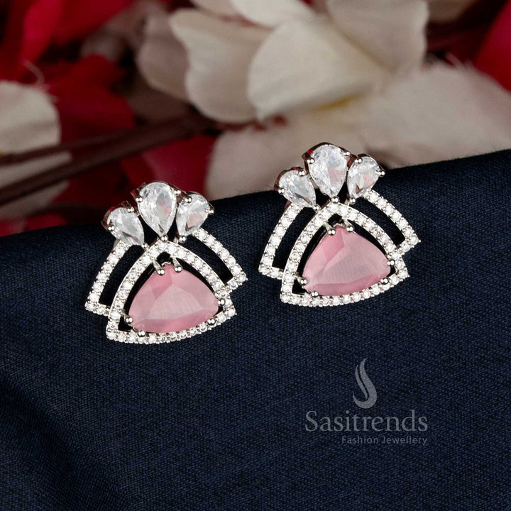 Stylish Pink Rhodium Silver Triangular AD Stud Earrings with polished lustre, perfect for evening celebrations and elegant attire — Sasitrends