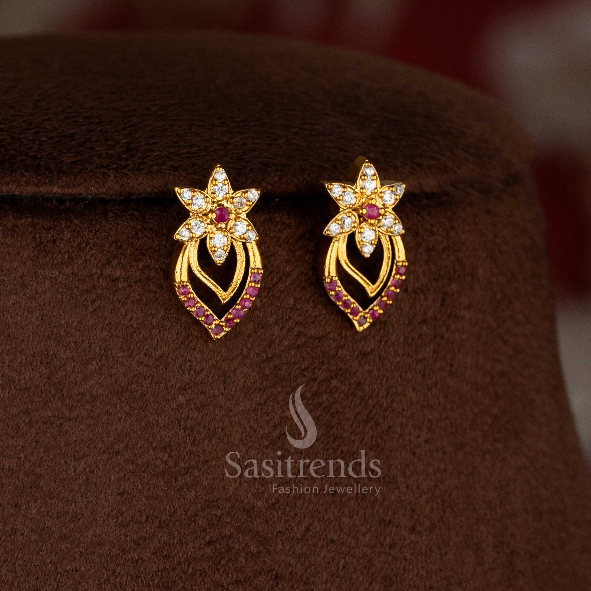 Dazzling Royal Radiance matte gold plated white-ruby floral accent American diamond earrings for graceful festive styling – Sasitrends