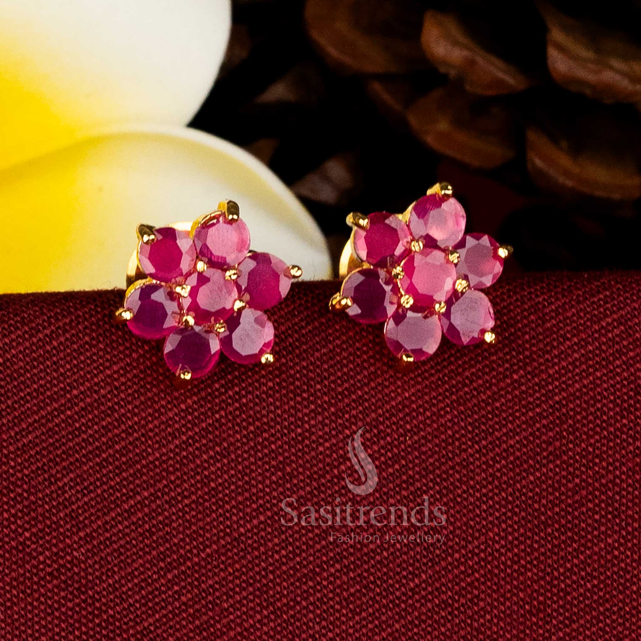 Stunning ruby circular AD stone floral stud earrings micro gold plated charming style for festive evenings – Sasitrends