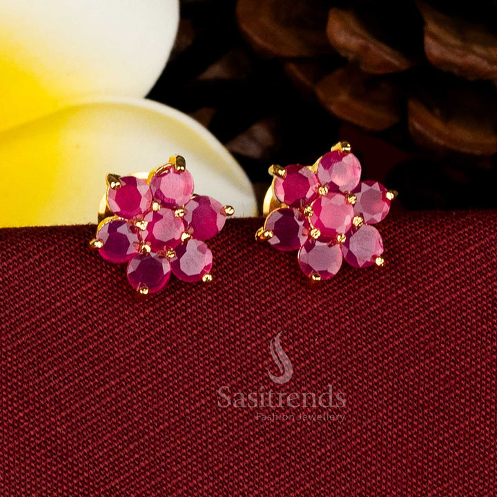 Stunning ruby circular AD stone floral stud earrings micro gold plated charming style for festive evenings – Sasitrends