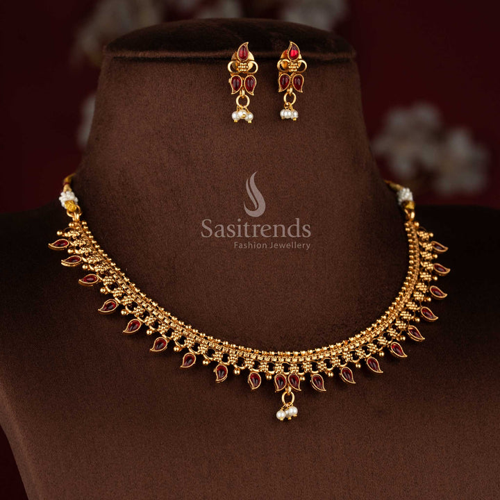 Stylish ruby elegant classic matte gold plated mango paisley pearl cluster necklace set for celebration and party wear – Sasitrends