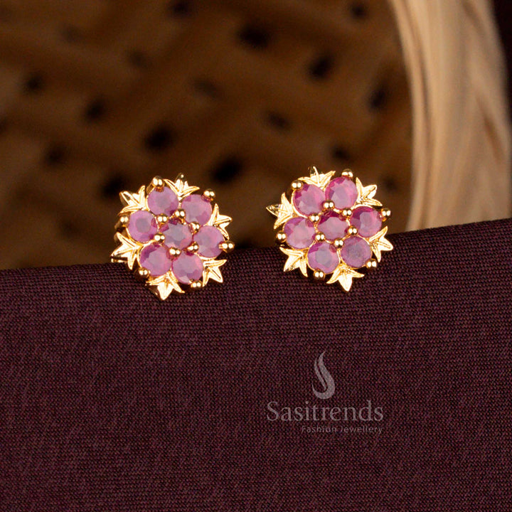 Traditional Ruby AD Stone Floral Cluster Stud Earrings Micro Gold Plated With 24K Carat Pure Gold Finish – Sasitrends