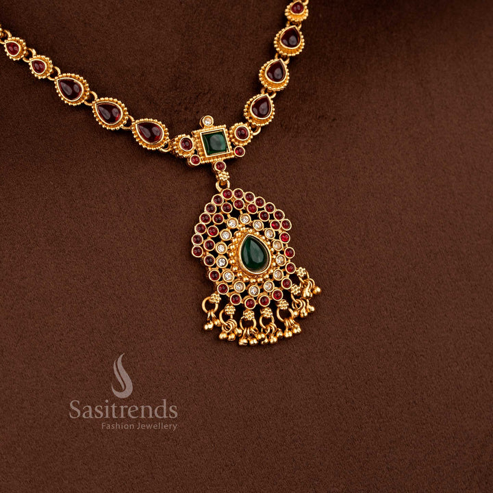 Stylish ruby green elegant classic matte gold plated teardrop necklace jewellery set for wedding and celebration wear – Sasitrends