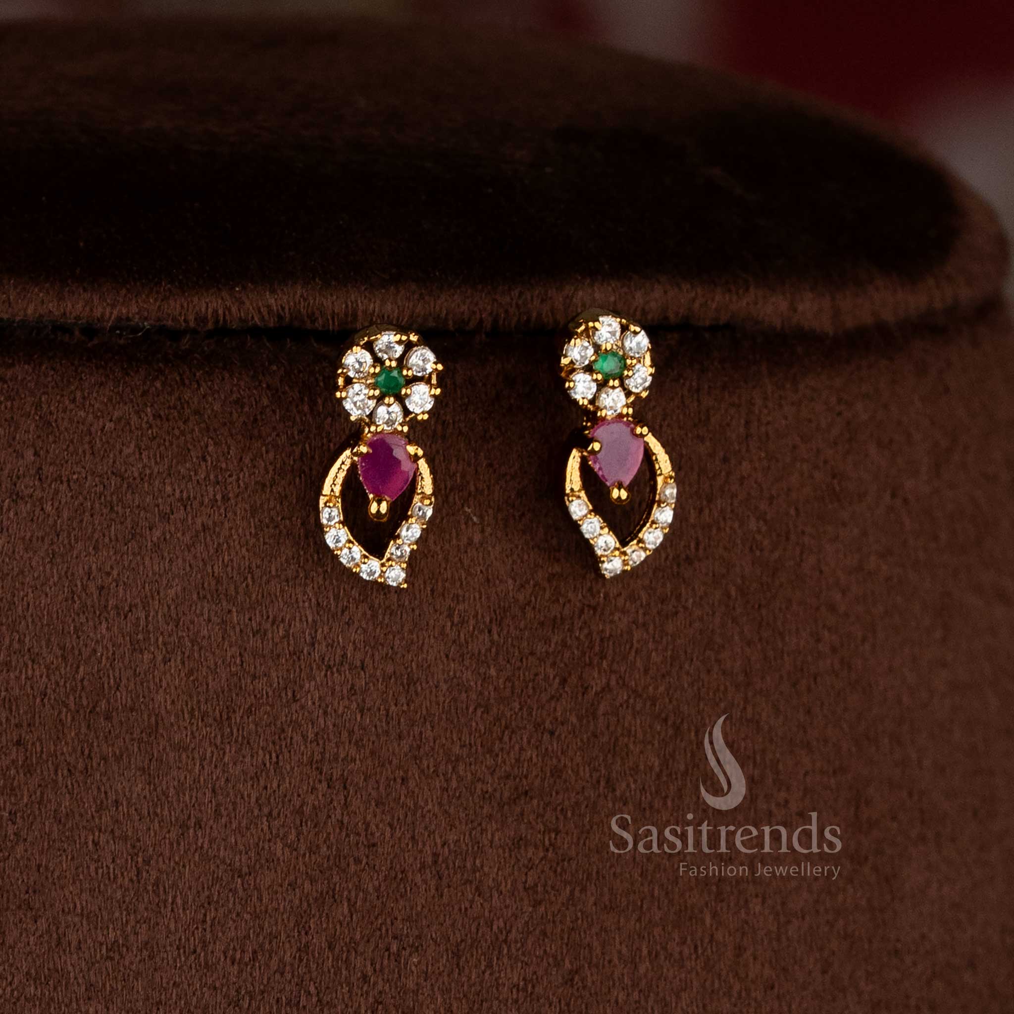 Radiant temple matte gold plated multi mango leaf floral earrings with American diamond stones for festive saree dressing – Sasitrends