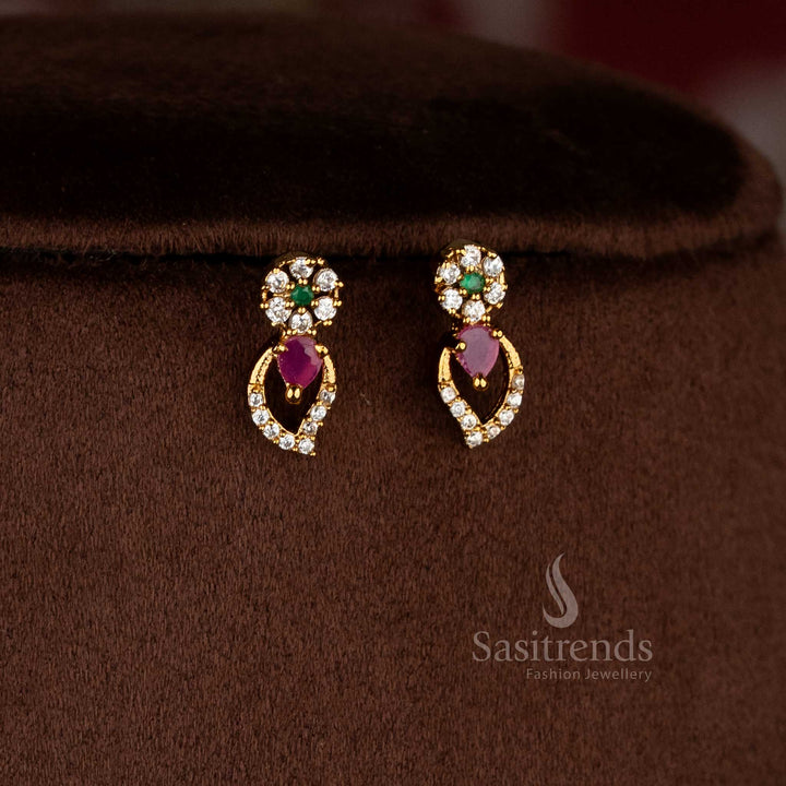 Radiant temple matte gold plated multi mango leaf floral earrings with American diamond stones for festive saree dressing – Sasitrends