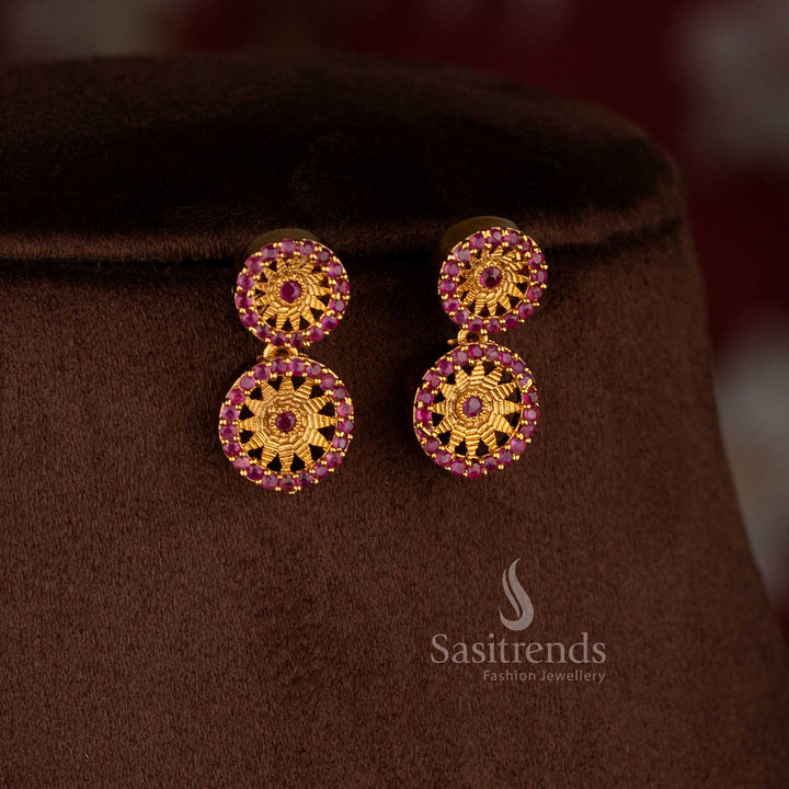 Graceful temple matte gold plated ruby leaf chakara earrings for elegant festive sarees, kurtis, and party-ready outfits – Sasitrends