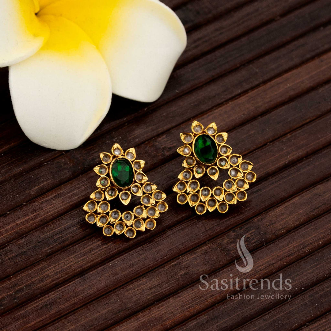 Graceful Tiered Petal Temple Stud Earrings With Sparkling American Diamonds In Matte Gold Finish, Traditional Jewellery For Women’s Weddings And Festive Wear – Sasitrends