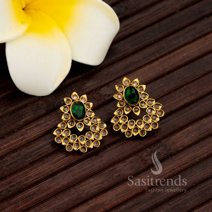 Tiered Petal Temple Stud Earrings with American Diamonds – Matte Gold Plated - Sasitrends