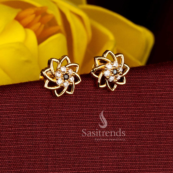 Grand white-black micro gold plated swirl floral AD stud earrings, perfect for temple ceremonies, special festive occasions, and ceremonial traditional attire - Sasitrends