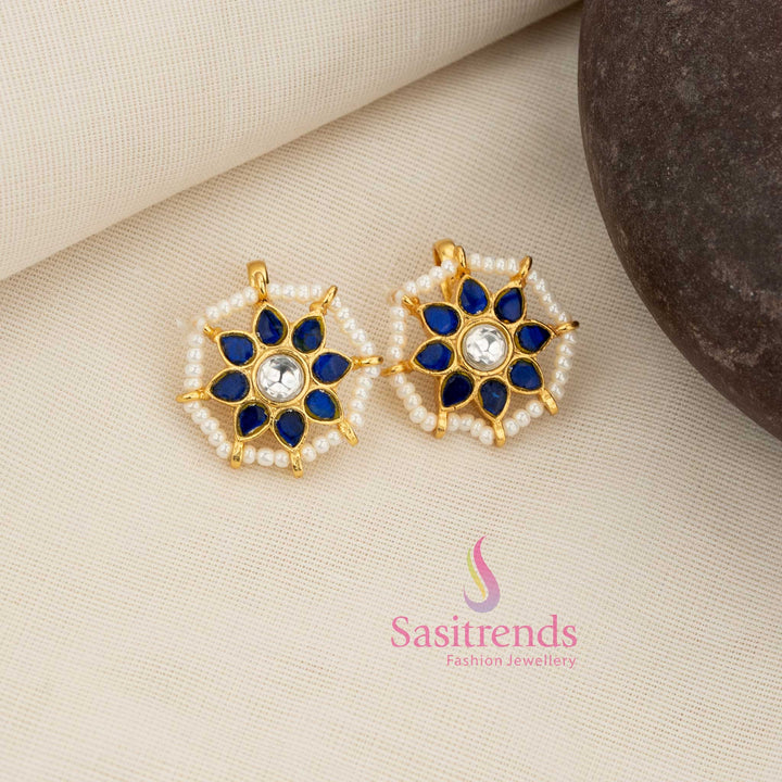 Serene white-blue Kundan floral sunburst bugadi earcuff featuring pearl fringe perfect for graceful ceremonial and heritage jewellery styling – Sasitrends