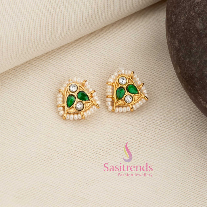 Harmonious white-green Kundan triangle stud bugadi earcuff featuring pearl border perfect for South Indian cultural and ceremonial festive dressing – Sasitrends