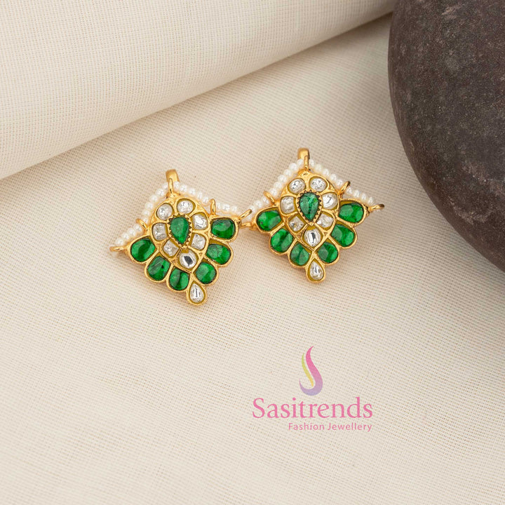 Elegant white-green Jadau Kundan floral petal bugadi earcuff adorned with pearl fringe perfect for ceremonial and festive South Indian jewellery styling – Sasitrends