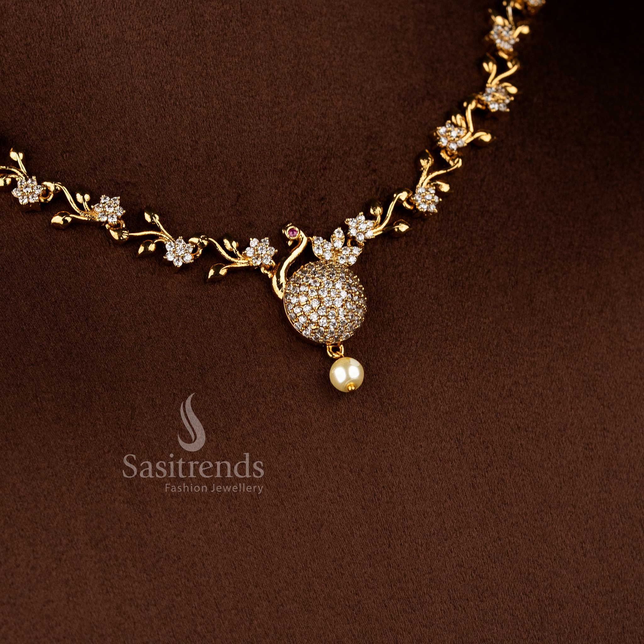 Ethereal white matte gold peacock feather AD stones necklace jewellery set, elegant accessory for saree and festive wear - Sasitrends