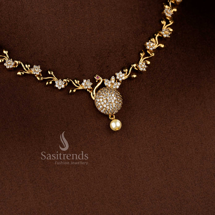 Ethereal white matte gold peacock feather AD stones necklace jewellery set, elegant accessory for saree and festive wear - Sasitrends