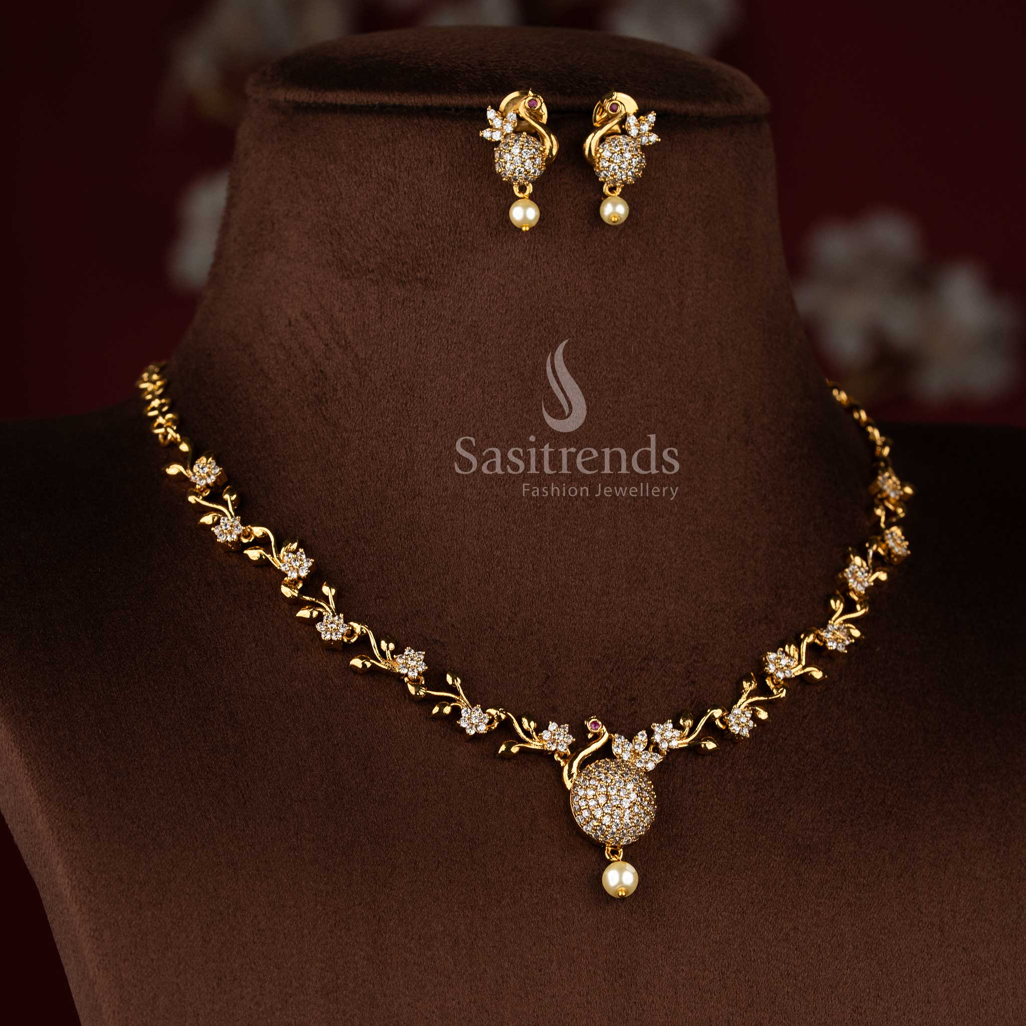 Classic white matte gold peacock AD floral necklace set, stylish jewellery for festive saree ensembles - Sasitrends