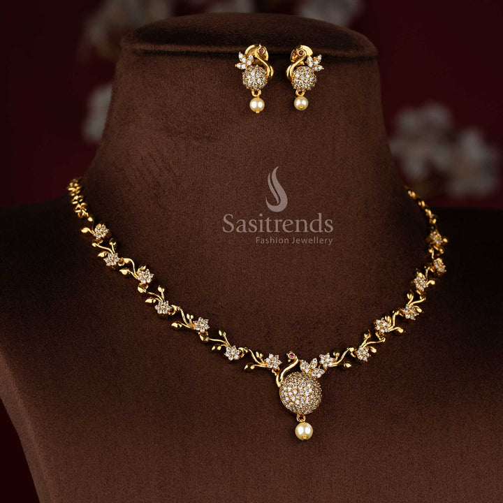 Classic white matte gold peacock AD floral necklace set, stylish jewellery for festive saree ensembles - Sasitrends