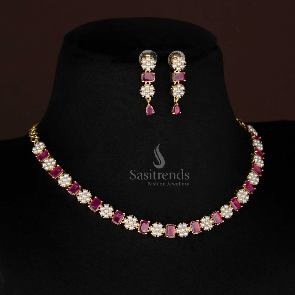Regal white-ruby floral pearl cluster necklace set with rectangular stones and micro gold plating, perfect for bridal and traditional occasions – Sasitrends