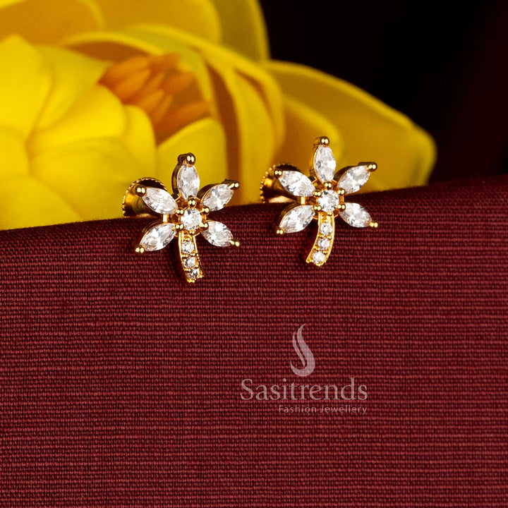 Royal white-ruby micro gold plated AD flower branch stud earrings designed for ceremonial gatherings, luxury parties, and elegant festive occasions - Sasitrends