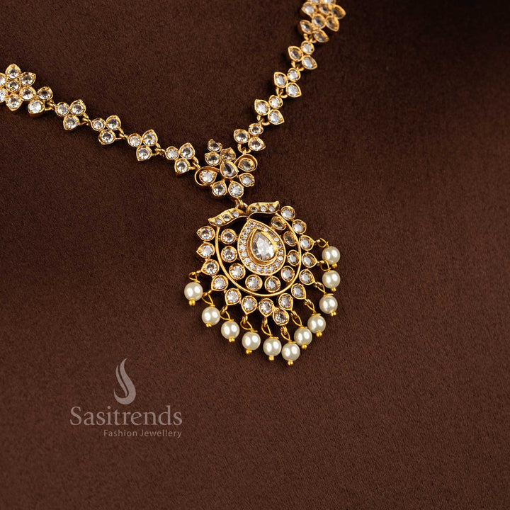 Elegant white matte gold flower AD necklace set, beautiful jewellery for festive and bridal saree wear - Sasitrends