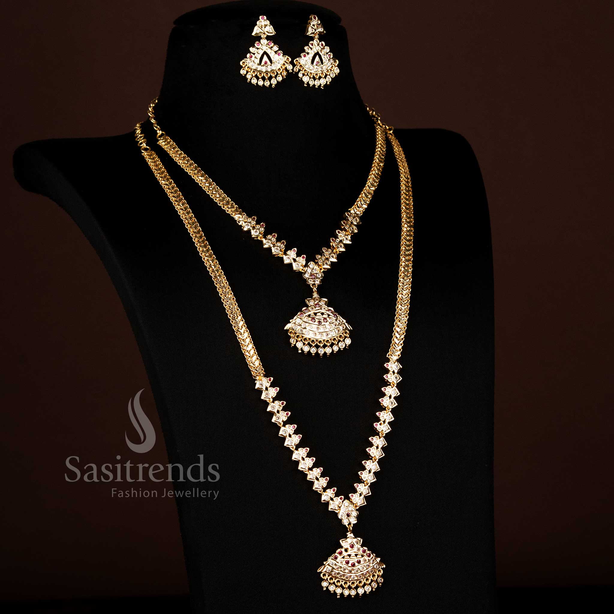 Heavenly one gram micro gold Impon long short combo necklace jewellery set featuring dual tone white ruby AD stones and matching earrings - Sasitrends