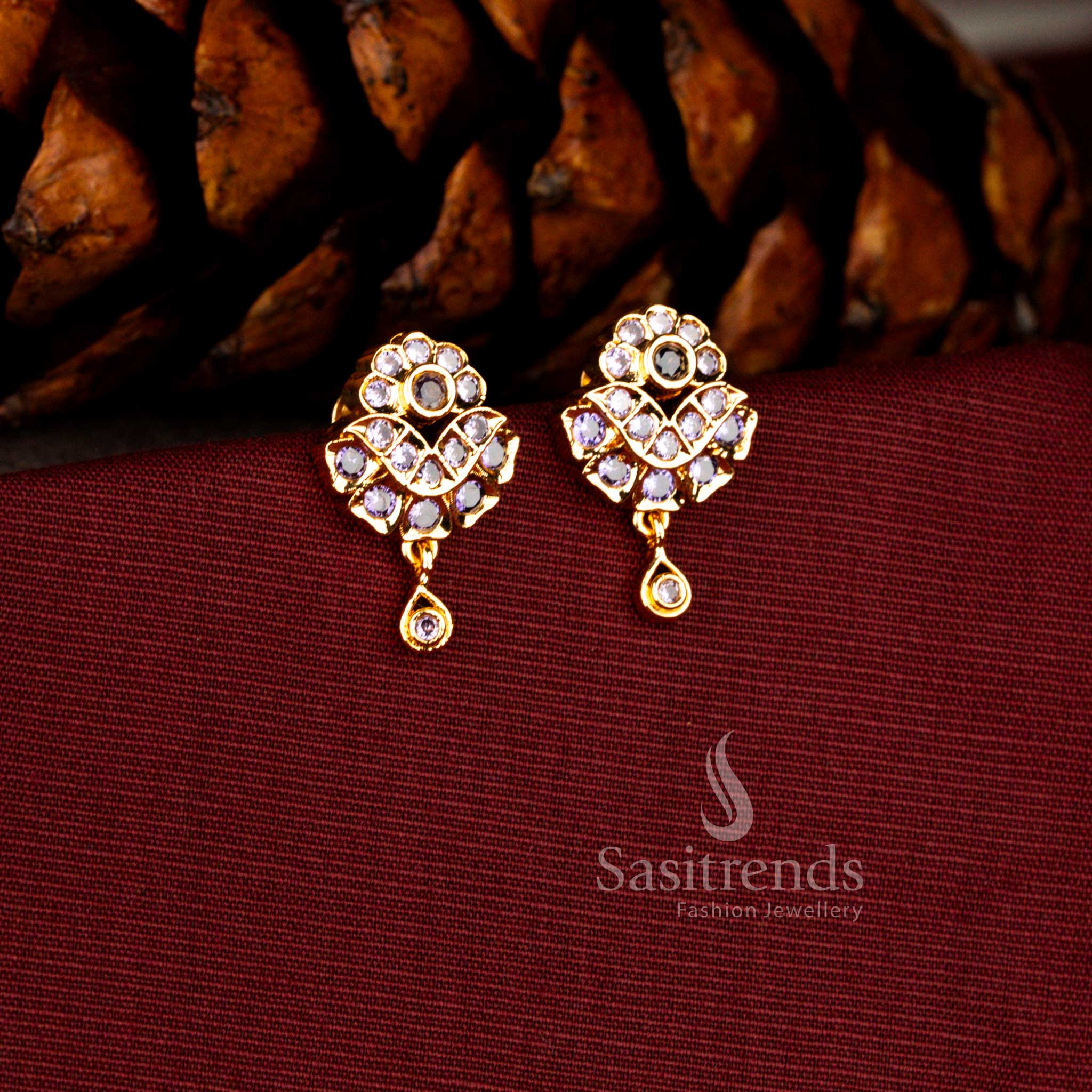 Sovereign guaranteed earrings in lavender designed with intricate floral AD composition and smooth teardrop extension for elegant occasions – Sasitrends