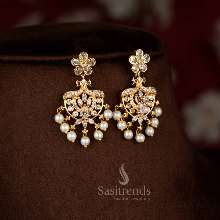 Luminous micro gold peacock stone earrings in white tone perfect for traditional parties – Sasitrends