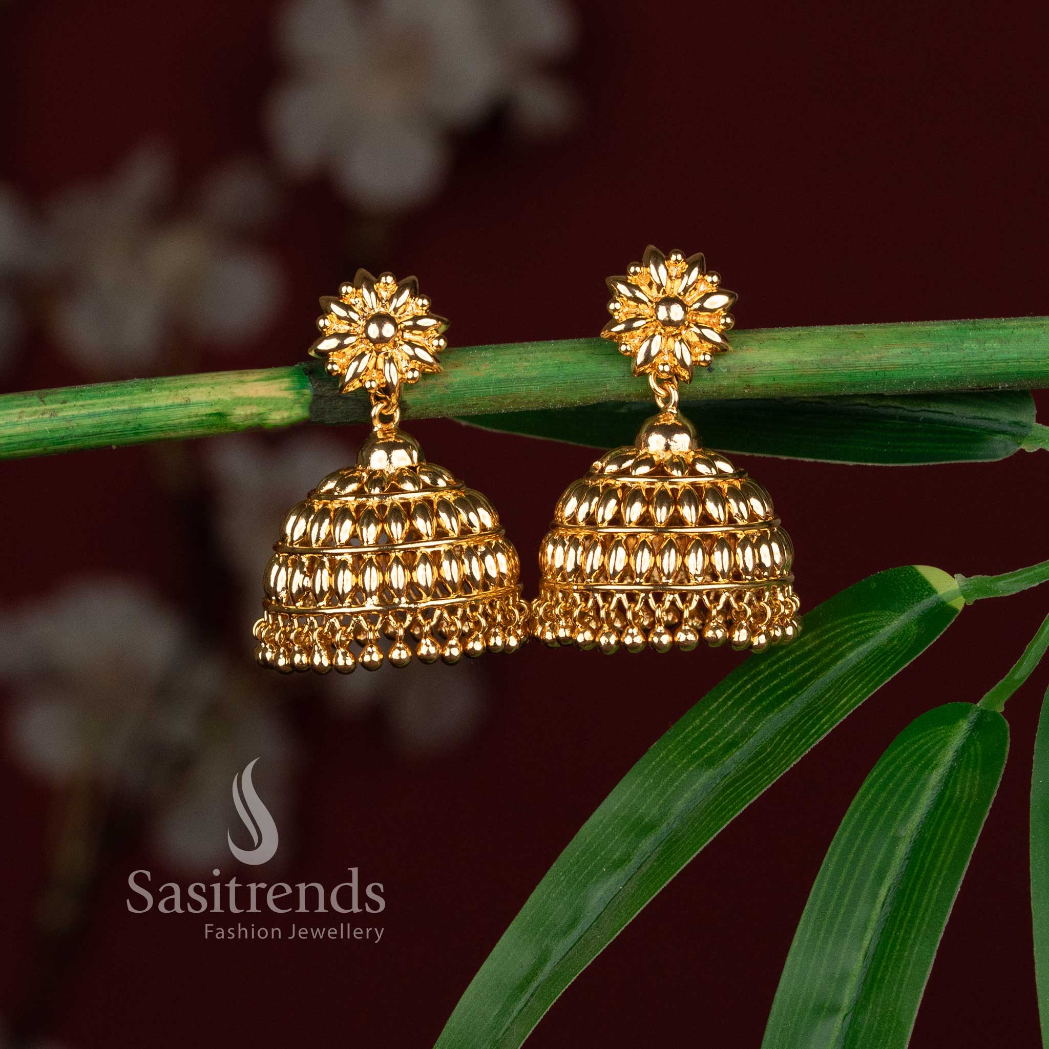 Divine Micro Gold Plated Sunflower Paddy Jhumka Earrings with Gold Ghungroos for Women – Wedding, Temple & Festive Wear - Sasitrends